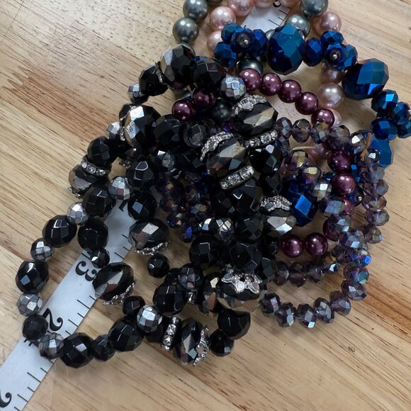 Set Of 9 Beaded Stretch Bracelets In Black Purple & Blue With Rhinestone Accents - Picture 7 of 7